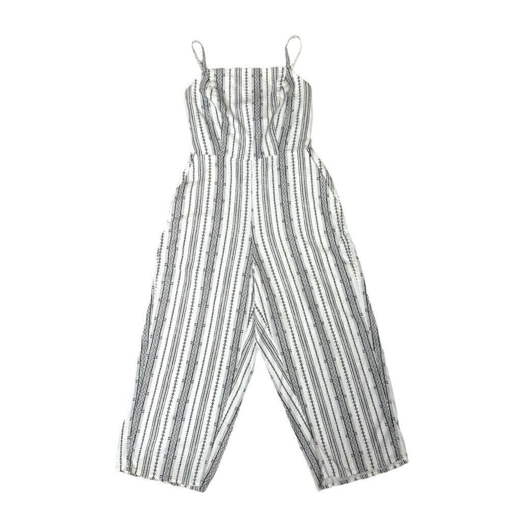 Linen-Blend Geometric-Stripe Sleeveless Jumpsuit -Size Small - Picture 2 of 7